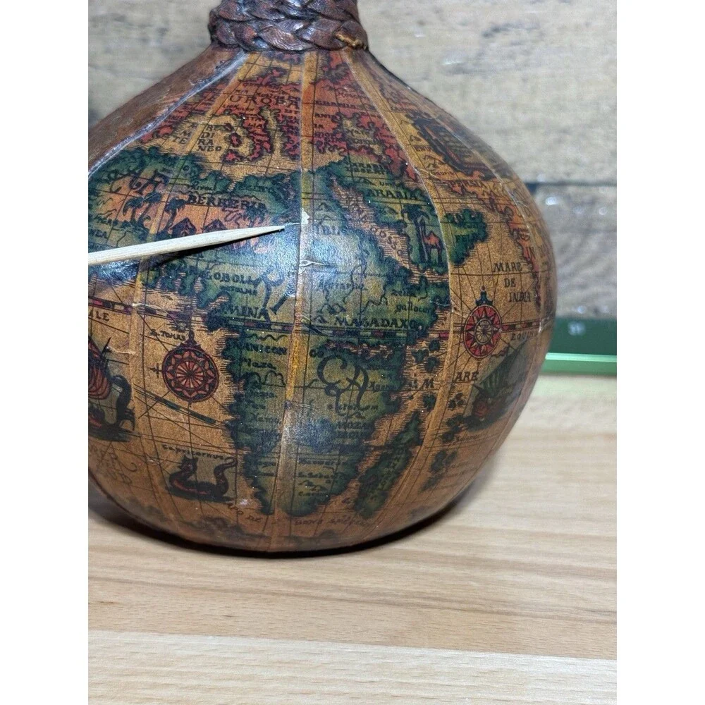 Vintage Italian Leather Wrapped Decanter Old World Map Globe Italy Dragon Ships